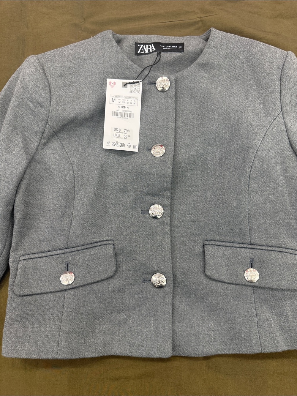 Zara Light Gray Cropped Round-Neck Button Blazer - Picture 5 of 8